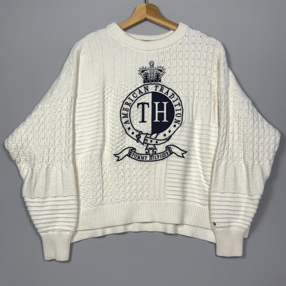 Tommy Hilfiger Embroidered Knit Sweater Womens Medium Cotton Wool Blend